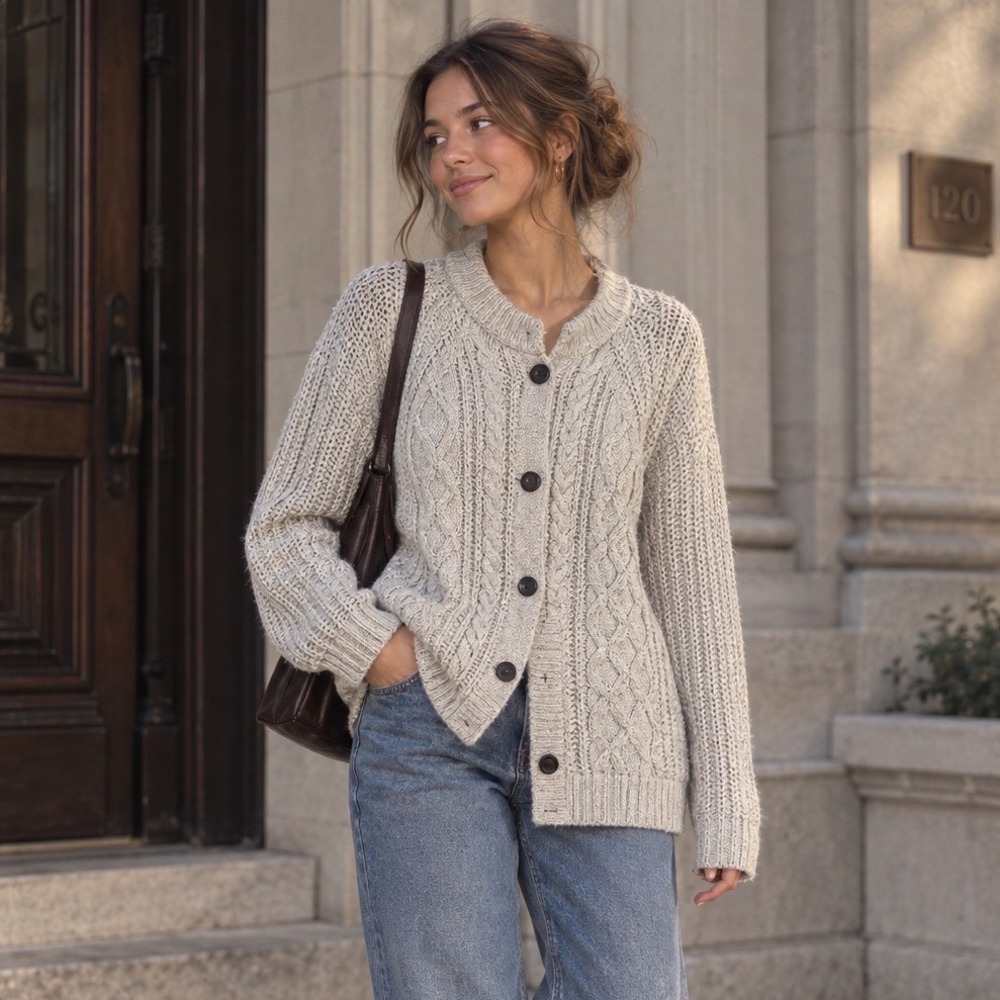 Cable Knit Fisherman Sweater Grandpa Oatmeal Chunky Cabin Cardigan Women XL Beig